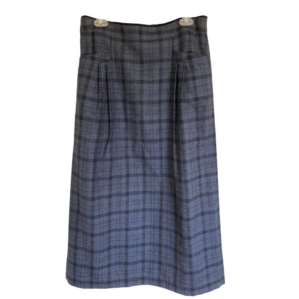 Poetry Grey Black Plaid Wool Blend Midi Skirt Front Pockets Size US 8 Classic